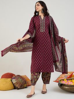 Indo Era - Burgundy Floral Printed Straight Kurta and Salwar With Dupatta