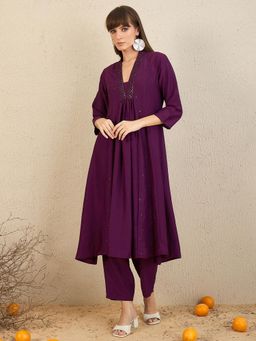 Indo Era - Burgundy Embroidered A-Line Kurta with Pant