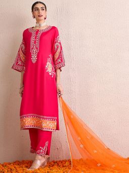 Indo Era - Pink Paisley Embroidered Straight Kurta with Pant and Dupatta