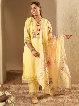 Indo Era - Yellow Floral Embroidered Straight Kurta with Pant and Dupatta