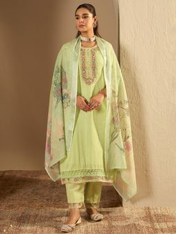 Indo Era - Green Floral Embroidered Straight Kurta with Pant and Dupatta