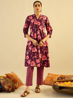 Indo Era - Burgundy Floral Printed A-Line Kurta with Pant
