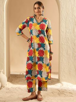 Indo Era - Multi-Color Floral Printed Straight Co-Ord Set