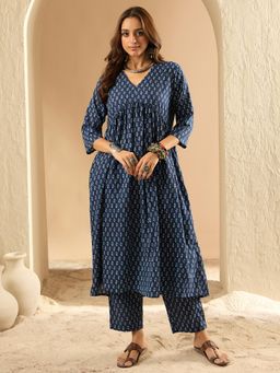 Indo Era - Navy Blue Paisley Printed A-Line Kurta with Pant