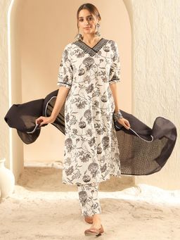 Indo Era - White Floral Printed Straight Kurta with Pant and Dupatta