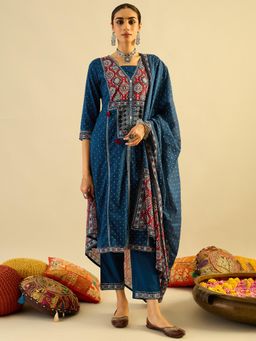 Indo Era - Blue Polka Dot Printed Straight Kurta with Pant and Dupatta