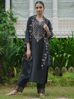 Indo Era - Black Embroidered Straight Kurta with Pant and Dupatta