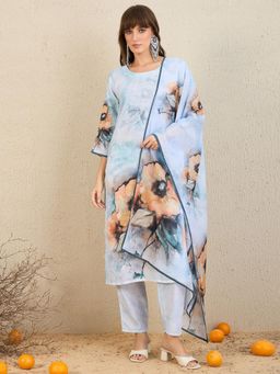 Indo Era - Blue Floral Printed Straight Kurta with Pant and Dupatta