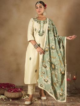 Indo Era - Cream Floral Embroidered Straight Kurta with Pant and Dupatta