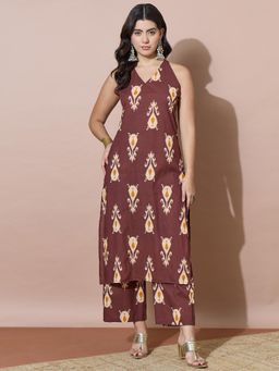 Varanga - Earthy Tone Printed V-Neck Co-Ord Set - Brown