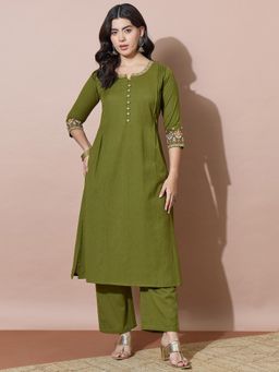 Varanga - Women's Olive Flex Buttoned Kurta with Pant