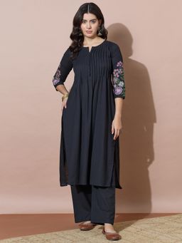 Varanga - Elegant Black Flared Embroidered Flex Kurta with Pant
