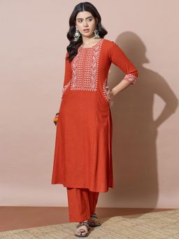 Varanga - Rust Orange Embroidered Flared Flex Kurta with Pant