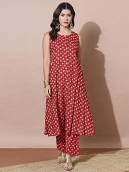 Varanga - Sleeveless A-Line Bandhani Dot Kurta With Pant - Red