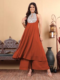 Varanga - Women Nude Yoke Embroidered Sleeveless Flared Kurta with Palazzo - Orange