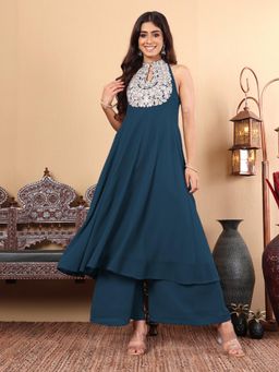 Varanga - Women Nude Yoke Embroidered Sleeveless Flared Kurta with Pant - Blue