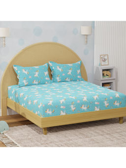 Boutique Living - Rock N Room Blue Unicorn Printed Double Bedsheet With Pillow Covers