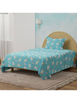 Boutique Living - Rock N Room Blue Unicorn Printed Single Bedsheet With Pillow Cover