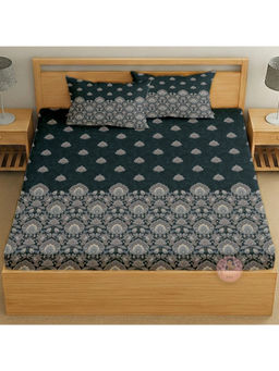 CHHAVI INDIA - King Size Dark Green Floral Printed Bedsheet With Pillow Covers