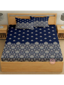 CHHAVI INDIA - Navy Blue Floral King Size Bedsheet With Pillow Covers