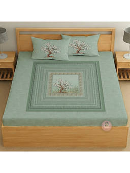 CHHAVI INDIA - Tree of Life King Size Cotton Bedsheet With Pillow Covers - Sage Green