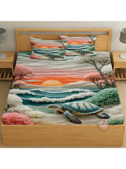 CHHAVI INDIA - Oceanic Serenity Sea Turtle Sunset King Bedsheet With Pillow Covers