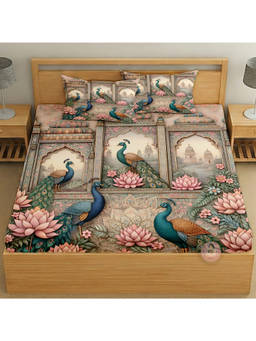 CHHAVI INDIA - Royal Peacock & Lotus King-Size Bedsheet With Pillow Covers