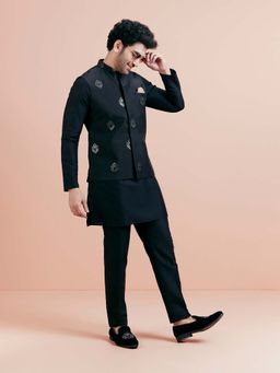 KISAH - Men Black Woven Kurta with Pant and Nehru Jacket (Set of 3)