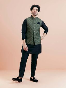KISAH - Men Green Woven Kurta with Pant and Nehru Jacket (Set of 3)
