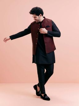 KISAH - Men Maroon Woven Kurta with Pant and Nehru Jacket (Set of 3)