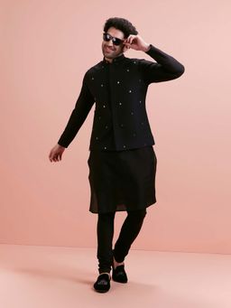 KISAH - Men Black Embroidered Kurta with Churidar and Nehru Jacket (Set of 3)