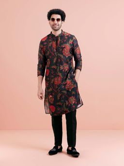 KISAH - Men Black Floral Kurta with Pant (Set of 2)