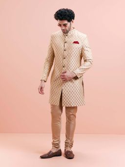 KISAH - Men Beige Woven Sherwani with Churidar (Set of 2)