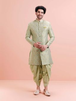 KISAH - Men Green Woven Sherwani with Dhoti (Set of 2)