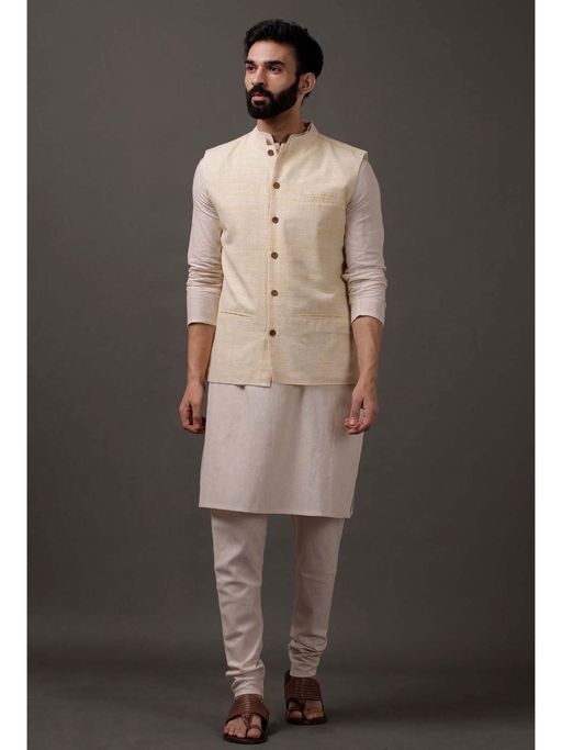 Tjori Men Beige Solid Kurta with Pyjama and Nehru Jacket (Set of 3)