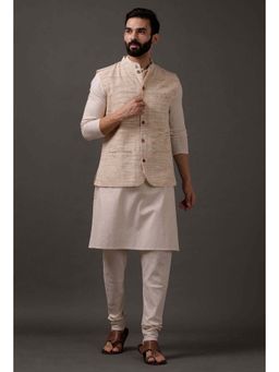 Tjori - Men Beige Woven Kurta with Pyjama and Nehru Jacket (Set of 3)