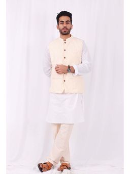 Tjori - Men Yellow Stripes Kurta with Pyjama and Nehru Jacket (Set of 3)