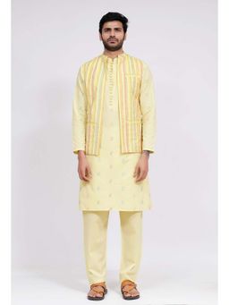 Tjori - Men Yellow Stripes Kurta with Pyjama and Nehru Jacket (Set of 3)