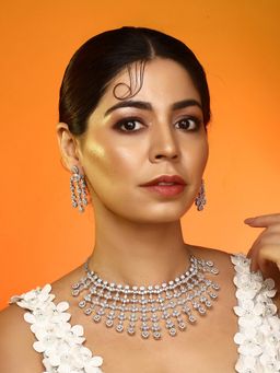 Auraa Trends - Elegant Silver-Plated American Diamond Necklace with Earrings Bridal Wedding