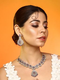 Auraa Trends - Elegant Silver Plated Blue Stone Necklace with Earrings Party Wear