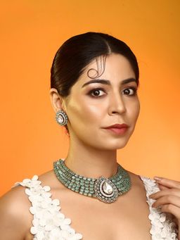Auraa Trends - Mint Green Stone Choker Necklace with Earrings Gold Plated Bridal Jewellery