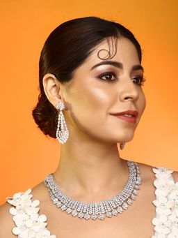Auraa Trends - Luxury Silver-Plated American Diamond Choker Necklace with Earrings