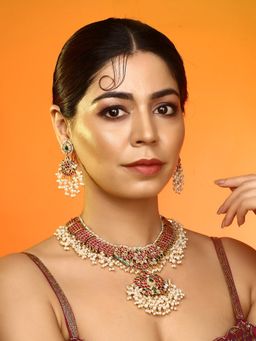 Auraa Trends - Pink Kundan Bridal Necklace with Earrings Traditional Wedding Jewellery