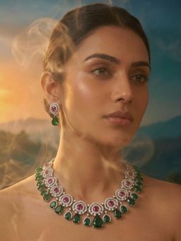 Auraa Trends - Emerald Green & Ruby Stone Diamond Finish Necklace with Earrings