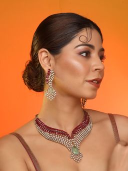 Auraa Trends - Luxury Emerald Pink Layered Necklace with Earrings Party Wear Jewellery For Women