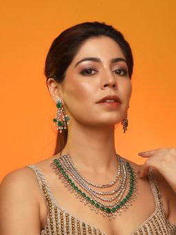 Auraa Trends - Luxury Pink Ruby & Mint Green Stone Necklace with Earrings Party Wear Jewellery