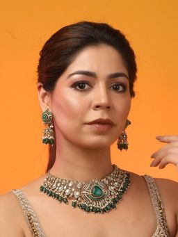 Auraa Trends - Green Kundan Polki Bridal Necklace with Earrings