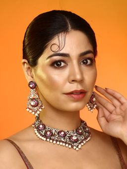 Auraa Trends - Pink Kundan Bridal Choker Necklace with Earrings Ethnic Jewellery With Teardrop Stone