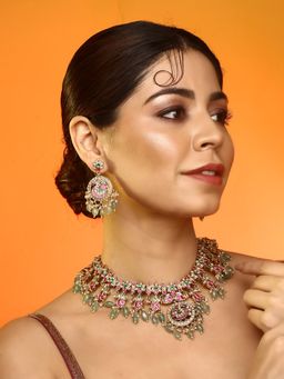 Auraa Trends - Bridal Kundan Choker Necklace with Earrings With Mint Green Beads & Ad Stones