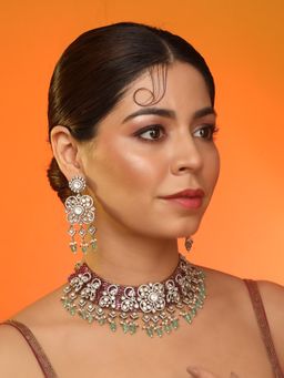 Auraa Trends - Traditional Kundan Necklace with Earrings With Green Beads & Pink Stones